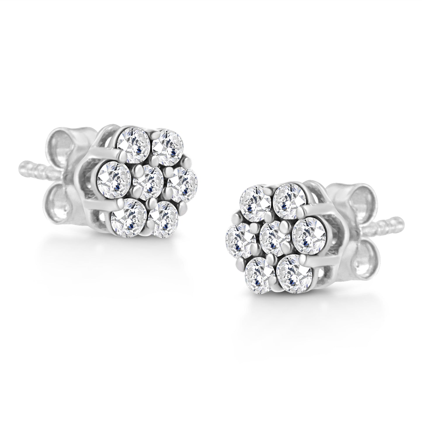 Pendientes de botón de oro blanco de 14 quilates con flores de diamantes de talla redonda engastados con garras de 1/2 quilate (color H-I, claridad I1-I2)