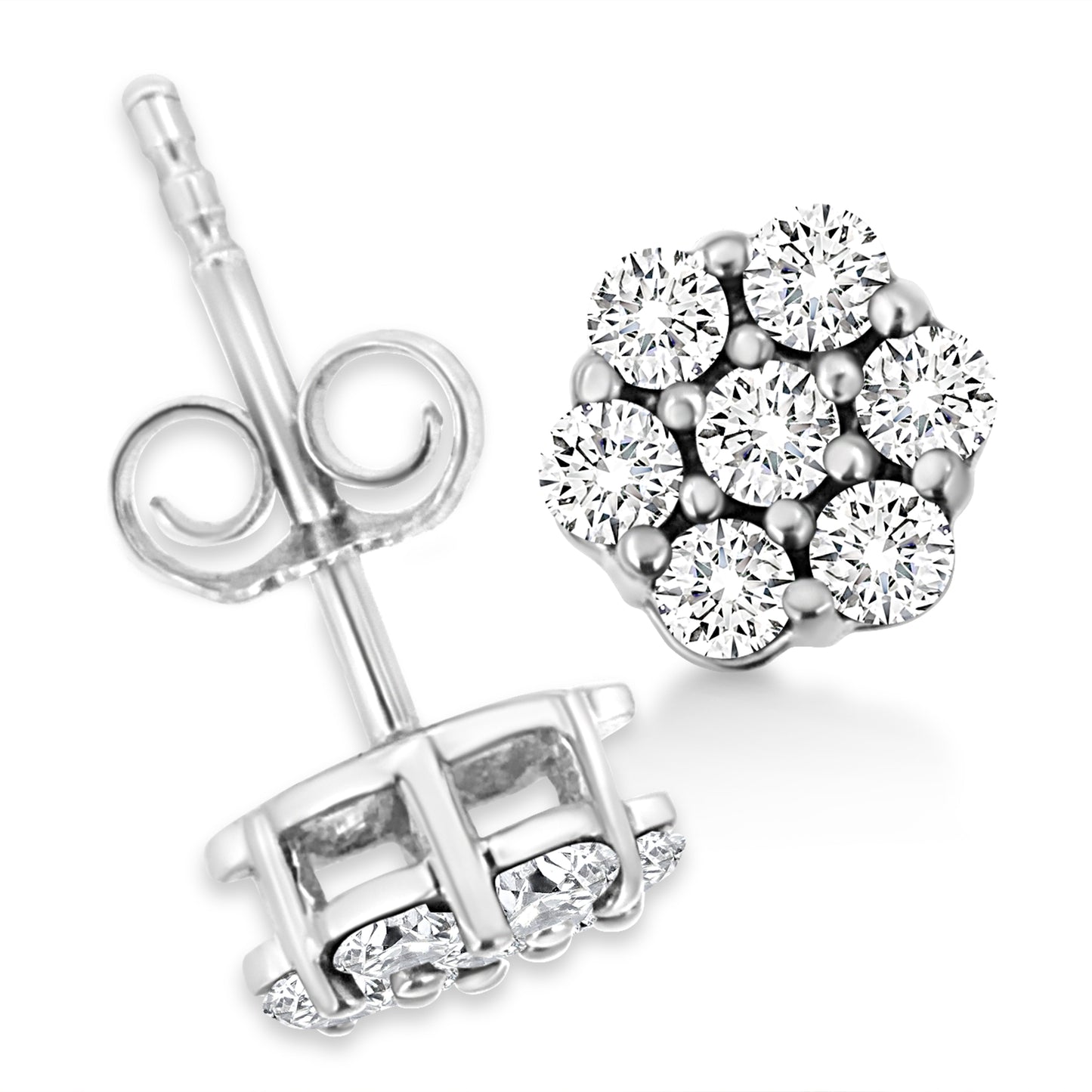 Pendientes de botón de oro blanco de 14 quilates con flores de diamantes de talla redonda engastados con garras de 1/2 quilate (color H-I, claridad I1-I2)
