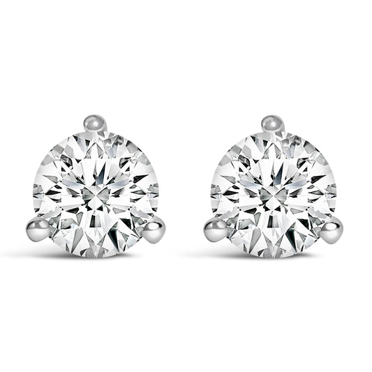Pendientes de tuerca de oro blanco de 14 quilates y 2,0 quilates (peso total) con diamantes solitarios redondos de talla brillante cultivados en laboratorio, engaste de 3 puntas tipo martini y cierre de rosca (color F-G, claridad VS1-VS2)