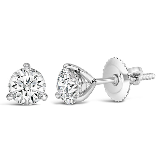 Pendientes de tuerca de oro blanco de 14 quilates y 2,0 quilates (peso total) con diamantes solitarios redondos de talla brillante cultivados en laboratorio, engaste de 3 puntas tipo martini y cierre de rosca (color F-G, claridad VS1-VS2)