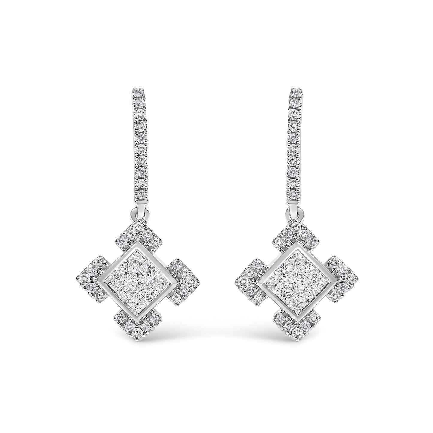 10K White Gold Princess and Round Diamond Geometric Composite Dangle Earrings