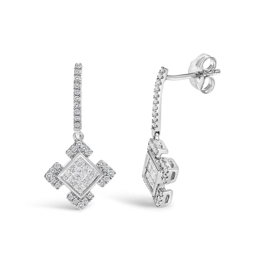 10K White Gold Princess and Round Diamond Geometric Composite Dangle Earrings - view 2
