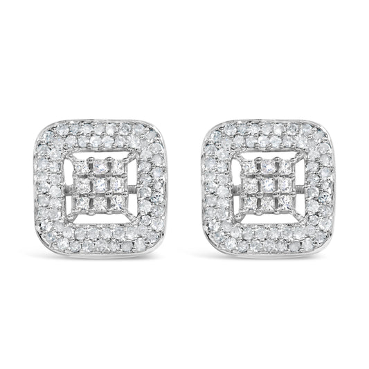 Pendientes de oro blanco de 10K con diamantes de 1,00 Cttw en composite y halo (color I-J, claridad I1-I2)