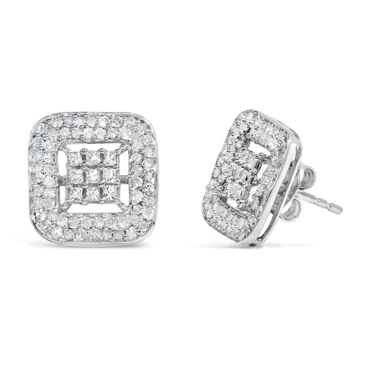 Pendientes de oro blanco de 10K con diamantes de 1,00 Cttw en composite y halo (color I-J, claridad I1-I2)