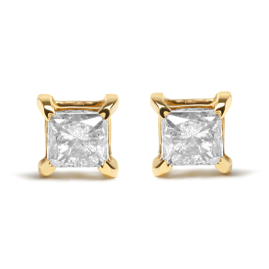 Aretes clásicos de 4 puntas con broche trasero de oro amarillo de 10 qt y plata de ley .925 con diamante de corte princesa de 5/8 Cttw (color J-K, claridad I2-I3)