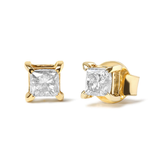 Aretes clásicos de 4 puntas con broche trasero de oro amarillo de 10 qt y plata de ley .925 con diamante de corte princesa de 5/8 Cttw (color J-K, claridad I2-I3)