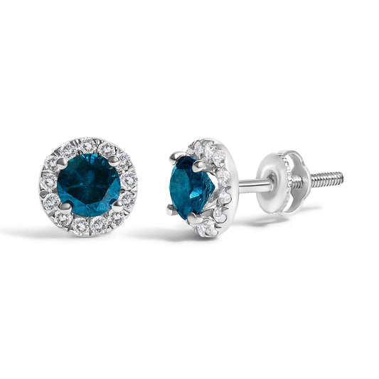 .925 Sterling Silver 1.00 Cttw Blue Diamond Halo Stud Earring - view 2