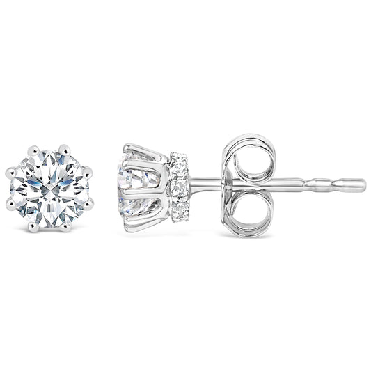 Pendientes de botón con halo oculto y 8 puntas de oro blanco de 14K con diamantes cultivados en laboratorio de 1,0 Cttw (color F-G, claridad VS1-VS2)
