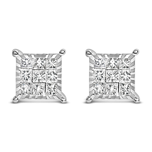 Pendientes de botón cuadrados de plata de ley con diamantes talla princesa de 0,5 quilates en composición