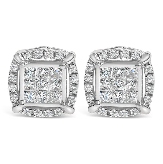Pendientes de tuerca de plata de ley con diamante de talla princesa en composición y halo de 1/2 quilate de peso total