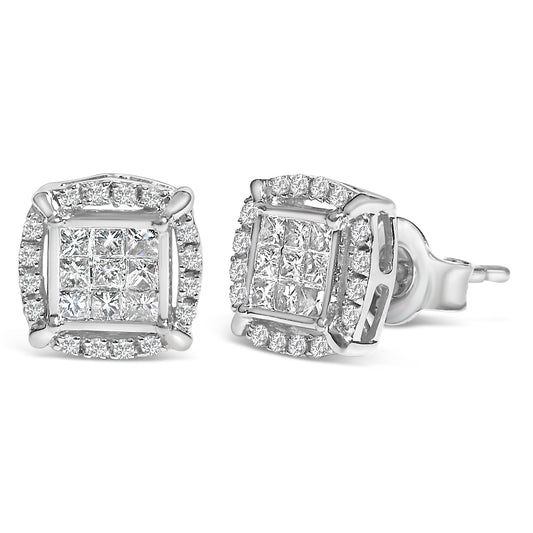 Pendientes de tuerca de plata de ley con diamante de talla princesa en composición y halo de 1/2 quilate de peso total