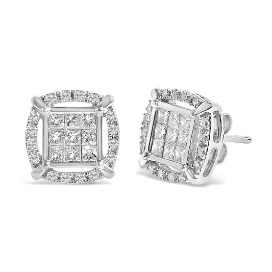 Pendientes de Plata Fina con Diamantes de Corte Princesa de 1 Quilate y Halo Cuadrado