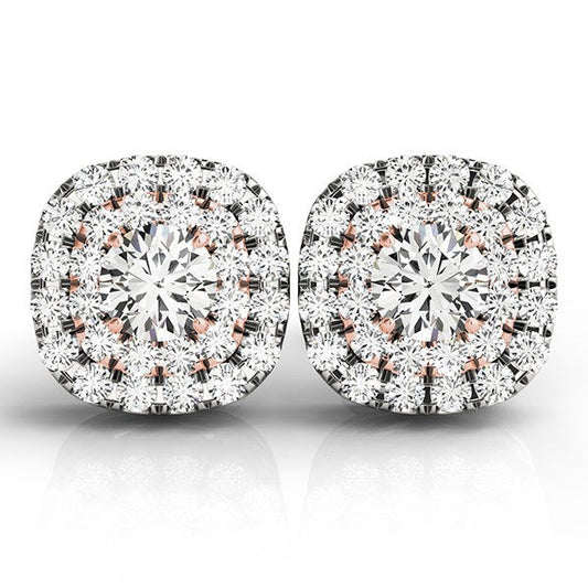 Pendientes de diamantes con halo en forma de cojín de oro blanco y rosa de 14k (3/4 quilates en total)