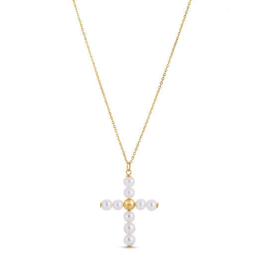 Colgante de cruz con perla de oro amarillo de 14k