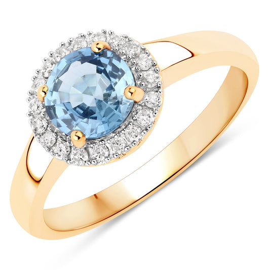 Anillo de oro amarillo de 14 quilates con zafiro azul auténtico de 1,03 quilates y diamante blanco