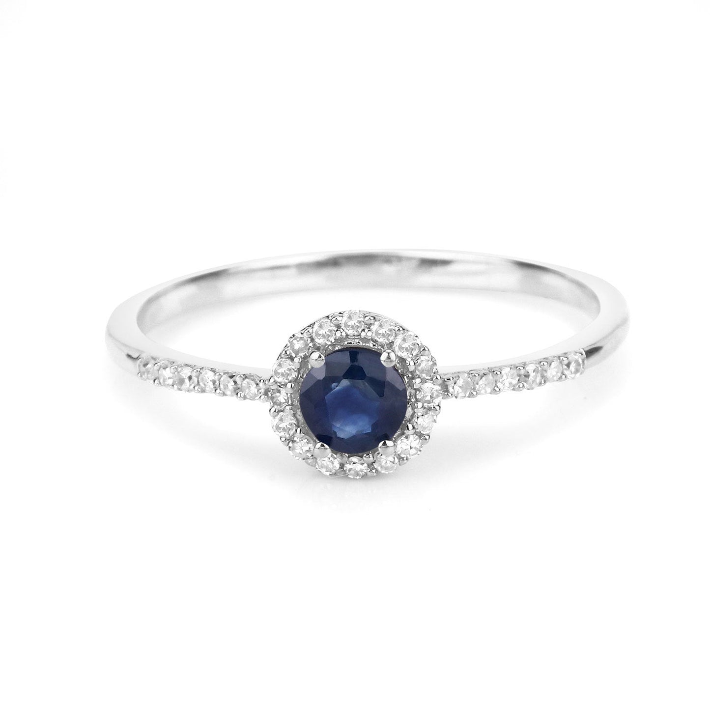 Anillo de oro blanco de 14 quilates con zafiro azul auténtico de 0,38 quilates y diamantes blancos