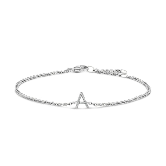 Pulsera de eslabones con dije inicial de "A" con acento de diamante de oro blanco de 10K