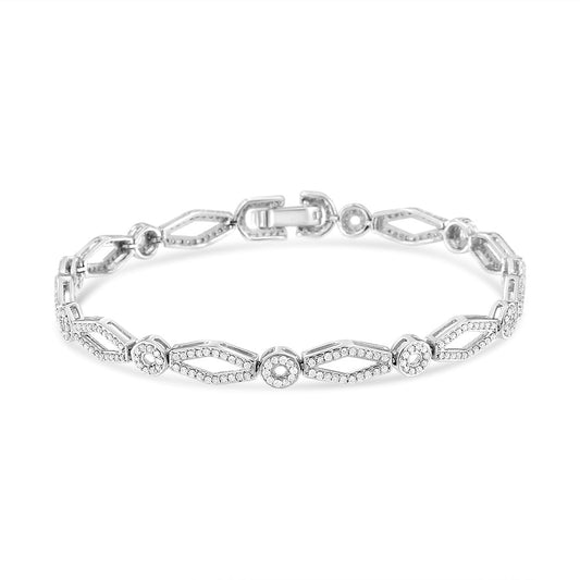 Pulsera de eslabones estilo vintage con alternancia de círculos y cometas, con incrustaciones de diamantes de 1 1/2 quilates en plata de ley .925 (color I-J, claridad I2-I3), 7 pulgadas