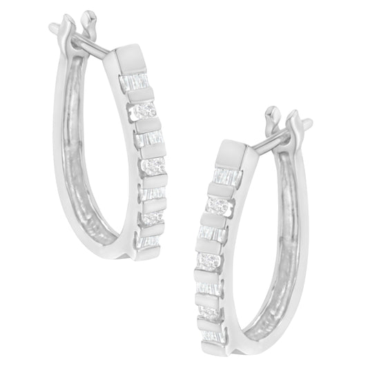 Pendientes de aro con bisagras y palanca, de oro amarillo de 10 quilates, con diamantes redondos y de talla baguette (¼ Cttw, color I-J, claridad I2-I3)