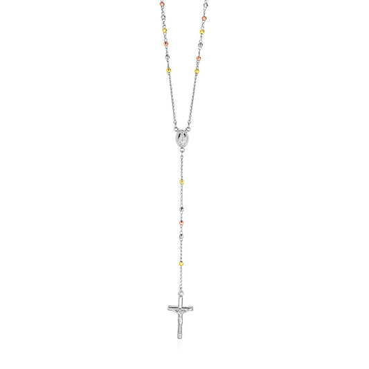 Collar de rosario y cadena de cuentas de plata de ley en tres tonos