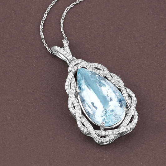 Colgante de oro blanco de 14 quilates con aguamarina auténtica de 11,90 quilates y diamantes blancos