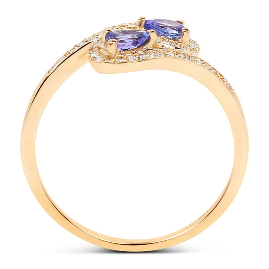 Anillo de oro amarillo de 14 quilates con tanzanita auténtica de 0,42 quilates y diamantes blancos