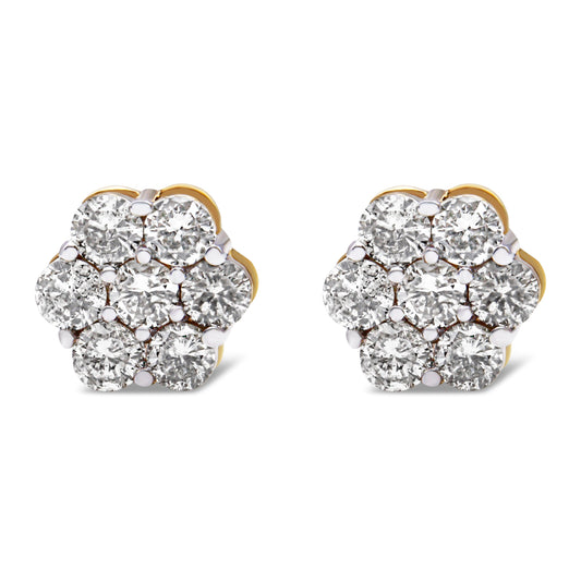 Pendientes de botón con forma de racimo floral de oro amarillo de 14K con diamantes de 2,0 Cttw y cierre de rosca (color H-I, claridad SI1-SI2)
