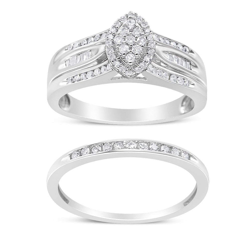 Conjunto de Compromiso y Boda de Plata Esterlina .925 con Diamantes Redondos y Talla Baguette de 0.50 Cttw (Color I-J, Claridad I1-I2) - Talla 7
