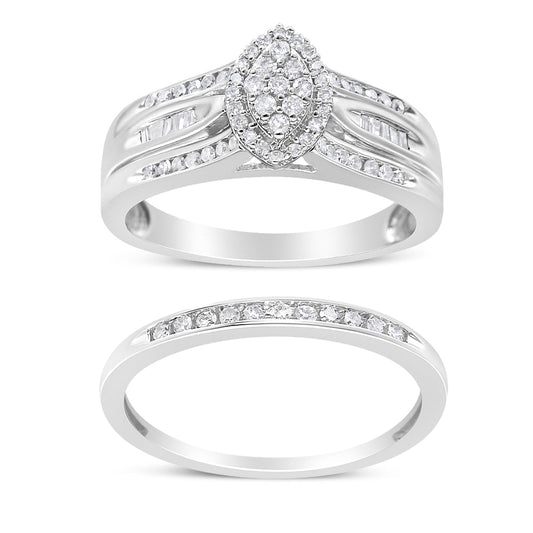 Conjunto de Compromiso y Boda de Plata Esterlina .925 con Diamantes Redondos y Talla Baguette de 0.50 Cttw (Color I-J, Claridad I1-I2) - Talla 7