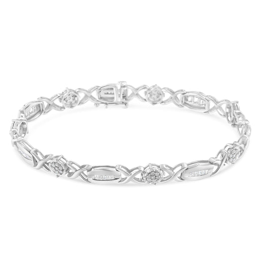 Pulsera de eslabones en X con diamantes de talla redonda y baguette de 1,0 Cttw en plata de ley .925 (color I-J, claridad I1-I2) - 7"