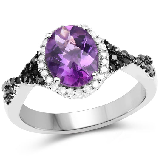 Anillo de Plata Fina .925 con Amatista Genuina de 1.64 Quilates, Diamante Negro y Diamante Blanco