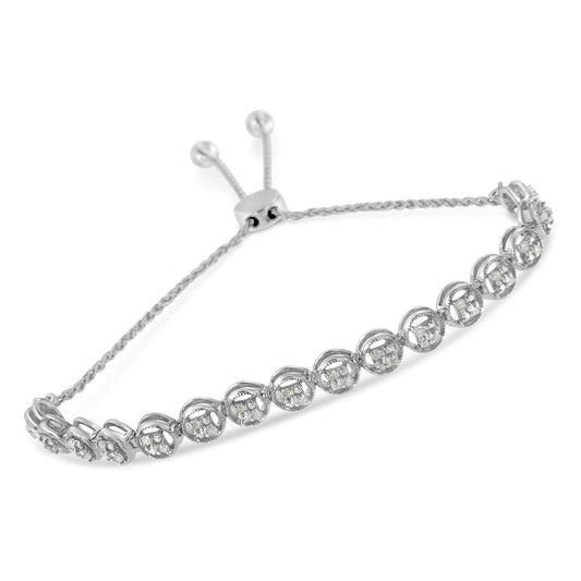 Pulsera de bolo de plata de ley .925 con diamante de talla redonda de 1/4 cttw (color I-J, claridad I3)