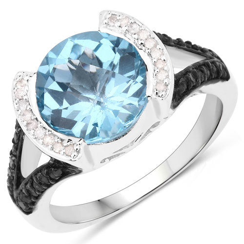 Anillo de plata de ley .925 con topacio azul suizo auténtico de 4,99 quilates, diamante blanco y diamante negro