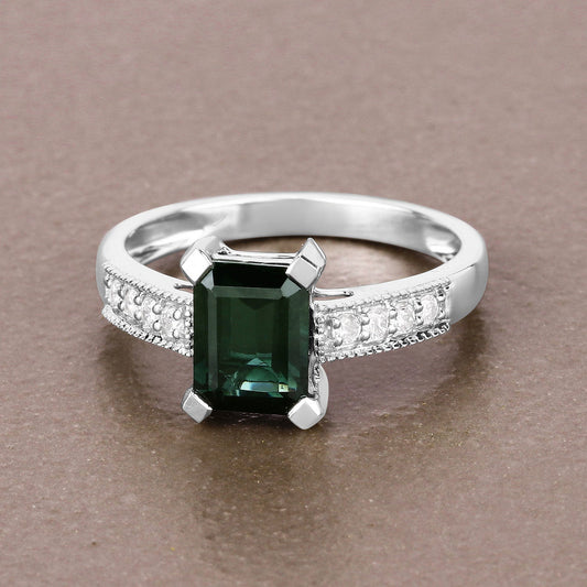 Anillo de oro blanco de 14K con turmalina verde auténtica de 1,91 quilates y diamante blanco