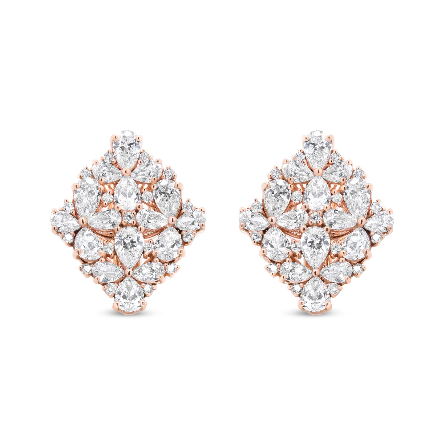 Pendientes Omega de racimo floral de perlas y diamantes redondos de oro rosa de 18 quilates y 8 1/3 Cttw (color F-G, claridad VS1-VS2)