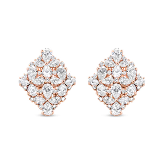 Pendientes Omega de racimo floral de perlas y diamantes redondos de oro rosa de 18 quilates y 8 1/3 Cttw (color F-G, claridad VS1-VS2)