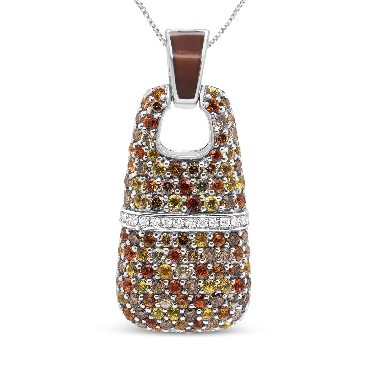 Collar de plata de ley .925 con colgante de esmalte marrón, 1 quilate total de diamantes blancos y marrones y piedras preciosas de zafiro amarillas y naranjas de 1.5mm, 18" (Color marrón y F-G, Claridad VS1-VS2)