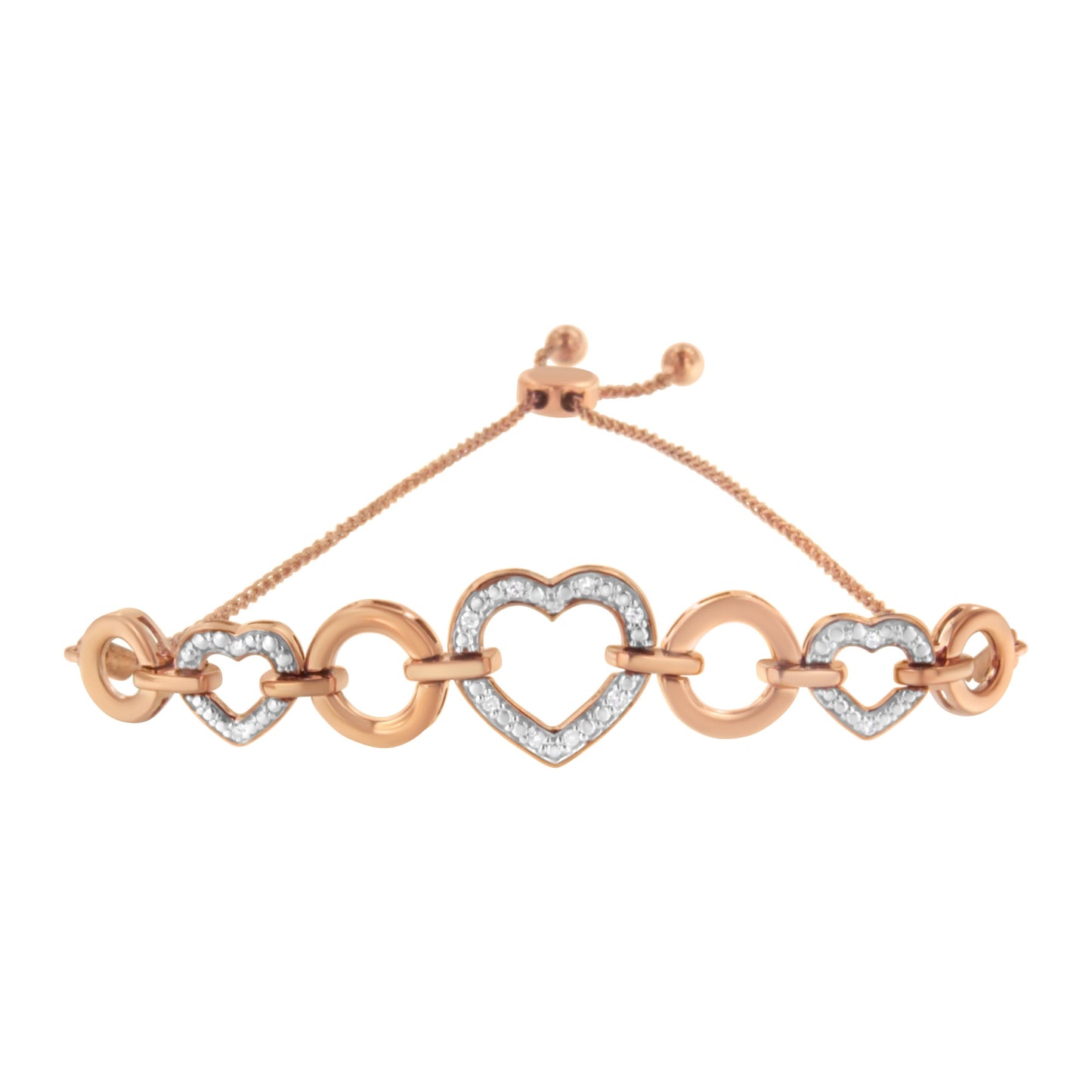 Pulsera ajustable tipo bolo de 15 a 25 cm con eslabones de círculo y corazón con acentos de diamante en plata de ley .925 bañada en oro rosa de 14 quilates