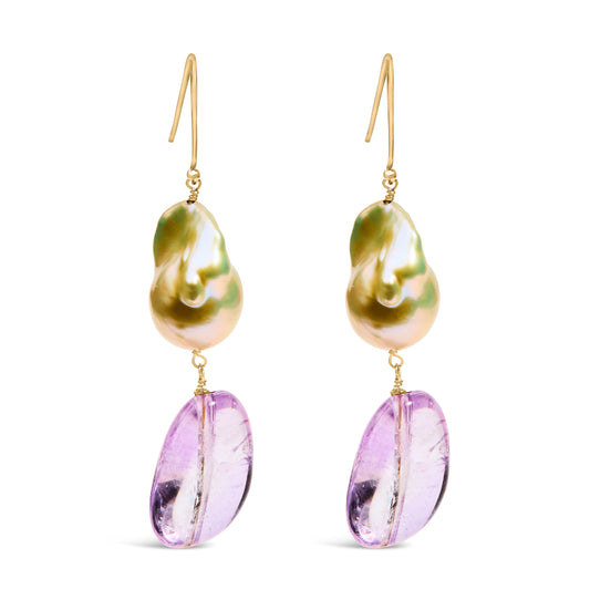 Pendientes colgantes de oro amarillo de 14 quilates con amatista y perlas barrocas de 5 cm de largo
