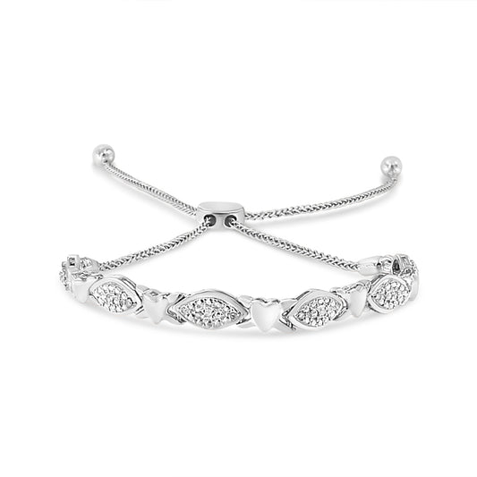 Pulsera Bolo de Eslabones de Corazón y Forma Marquesa Alternados con Acentos de Diamantes de Plata Esterlina .925 con Baño de Oro Amarillo de 14K (Color I-J, Claridad I3) - Ajustable de 6" a 9"