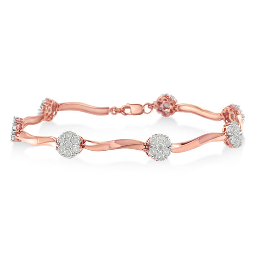 Pulsera .925 de oro rosa de 10k sobre plata de ley con eslabones florales de diamante de 1,0 quilates (color I-J, claridad I3)