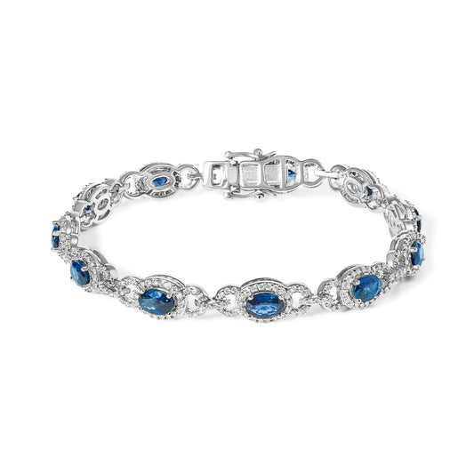 Pulsera de eslabones de zafiro azul ovalado y diamantes de oro blanco de 14K de inspiración vintage