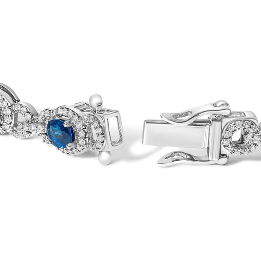 Pulsera de eslabones de zafiro azul ovalado y diamantes de oro blanco de 14K de inspiración vintage