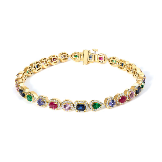 Pulsera de tenis arcoíris con diamantes y múltiples gemas de oro amarillo de 14 quilates