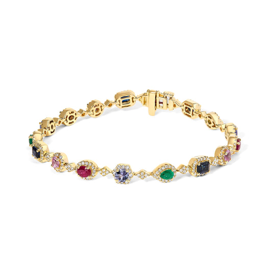 Pulsera de Eslabones tipo Arcoíris con Múltiples Gemas y Halo de Diamantes en Oro Amarillo de 14K
