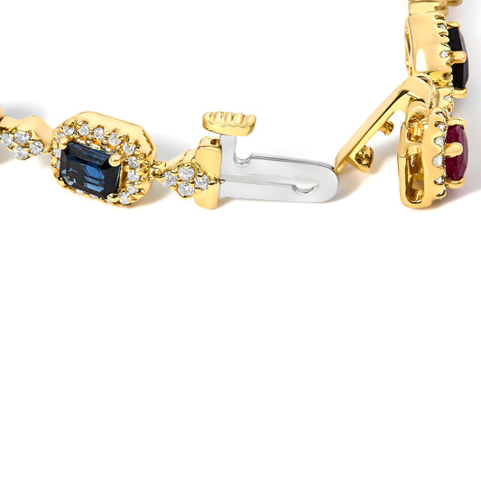 Pulsera de Eslabones tipo Arcoíris con Múltiples Gemas y Halo de Diamantes en Oro Amarillo de 14K