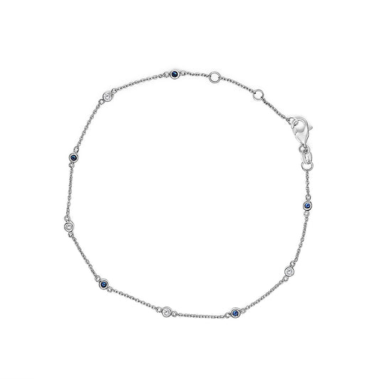 Pulsera de cadena con alternancia de zafiros azules y diamantes blancos engastados en bisel de oro blanco de 14 quilates (color I-J, claridad SI2-I1) - 8 pulgadas