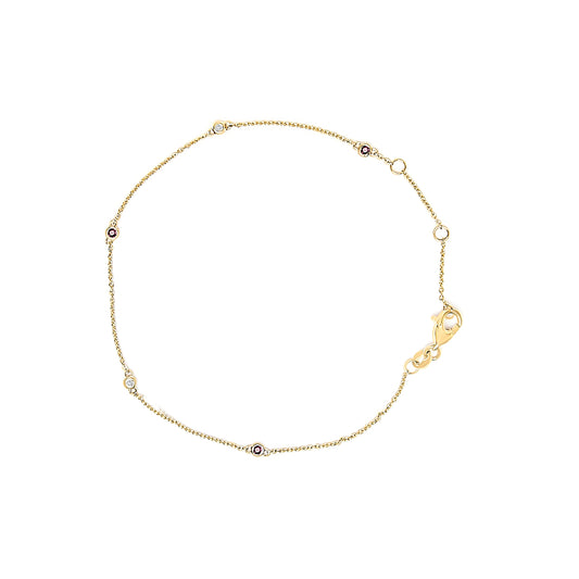 Pulsera de cadena de oro amarillo de 14 quilates con estaciones de rubíes rojos y diamantes blancos engastados (color I-J, claridad SI2-I1) - 7.5 pulgadas