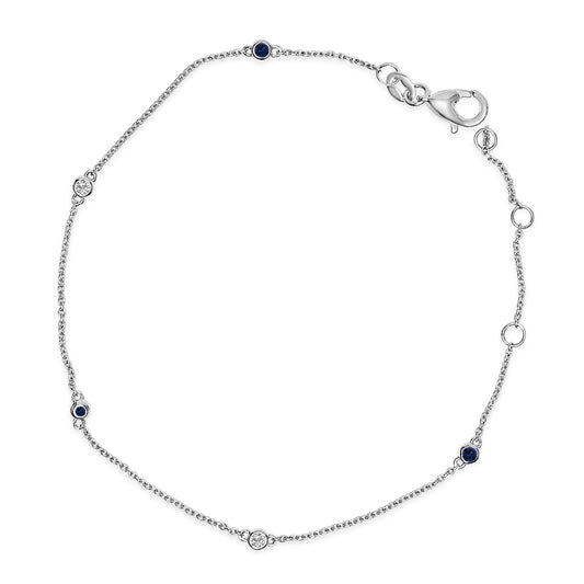 Pulsera de cadena con estaciones de bisel, zafiros azules y diamantes alternados, oro blanco de 14K - Talla 7.5 pulgadas