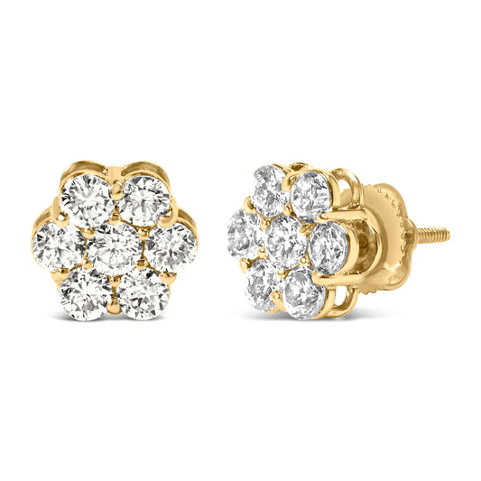 Pendientes de oro amarillo de 14 quilates con 1 1/2 quilates de diamantes redondos de talla brillante en forma de racimo floral de 7 piedras, con cierre de rosca (color I-J, claridad SI1-SI2)